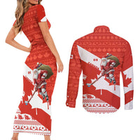 Canada Christmas Couples Matching Short Sleeve Bodycon Dress and Long Sleeve Button Shirt with Santa Playing Hockey Maple Leaf Flag and Red White Knit Pattern Design - Wonder Print Shop