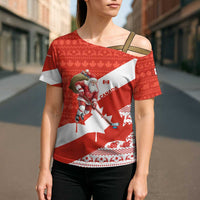 Canada Christmas Cross Shoulder Shirt with Santa Playing Hockey Maple Leaf Flag and Red White Knit Pattern Design - Wonder Print Shop