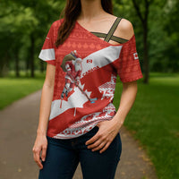 Canada Christmas Cross Shoulder Shirt with Santa Playing Hockey Maple Leaf Flag and Red White Knit Pattern Design - Wonder Print Shop