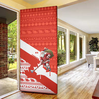 Canada Christmas Door Cover with Santa Playing Hockey Maple Leaf Flag and Red White Knit Pattern Design - Wonder Print Shop