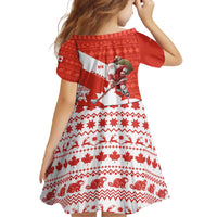 Canada Christmas Family Matching Off The Shoulder Long Sleeve Dress and Hawaiian Shirt with Santa Playing Hockey Maple Leaf Flag and Red White Knit Pattern Design - Wonder Print Shop