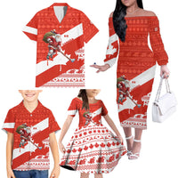 Canada Christmas Family Matching Off The Shoulder Long Sleeve Dress and Hawaiian Shirt with Santa Playing Hockey Maple Leaf Flag and Red White Knit Pattern Design - Wonder Print Shop