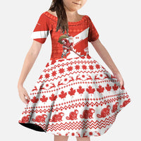 Canada Christmas Family Matching Off Shoulder Maxi Dress and Hawaiian Shirt with Santa Playing Hockey Maple Leaf Flag and Red White Knit Pattern Design - Wonder Print Shop