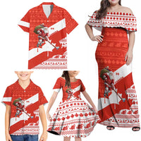 Canada Christmas Family Matching Off Shoulder Maxi Dress and Hawaiian Shirt with Santa Playing Hockey Maple Leaf Flag and Red White Knit Pattern Design - Wonder Print Shop