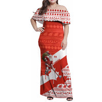 Canada Christmas Family Matching Off Shoulder Maxi Dress and Hawaiian Shirt with Santa Playing Hockey Maple Leaf Flag and Red White Knit Pattern Design - Wonder Print Shop