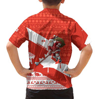 Canada Christmas Family Matching Off Shoulder Short Dress and Hawaiian Shirt with Santa Playing Hockey Maple Leaf Flag and Red White Knit Pattern Design - Wonder Print Shop