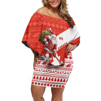Canada Christmas Family Matching Off Shoulder Short Dress and Hawaiian Shirt with Santa Playing Hockey Maple Leaf Flag and Red White Knit Pattern Design - Wonder Print Shop