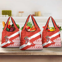 Canada Christmas Grocery Bag with Santa Playing Hockey Maple Leaf Flag and Red White Knit Pattern Design - Wonder Print Shop