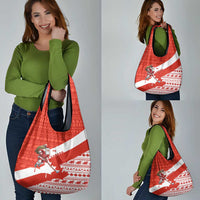 Canada Christmas Grocery Bag with Santa Playing Hockey Maple Leaf Flag and Red White Knit Pattern Design - Wonder Print Shop