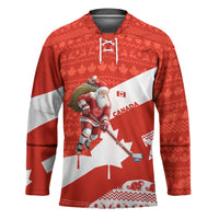 Canada Christmas Hockey Jersey with Santa Playing Hockey Maple Leaf Flag and Red White Knit Pattern Design - Wonder Print Shop