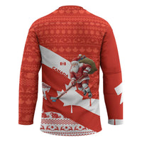 Canada Christmas Hockey Jersey with Santa Playing Hockey Maple Leaf Flag and Red White Knit Pattern Design - Wonder Print Shop
