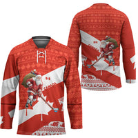 Canada Christmas Hockey Jersey with Santa Playing Hockey Maple Leaf Flag and Red White Knit Pattern Design - Wonder Print Shop