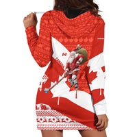 Canada Christmas Hoodie Dress with Santa Playing Hockey Maple Leaf Flag and Red White Knit Pattern Design - Wonder Print Shop