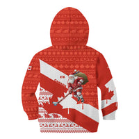 Canada Christmas Kid Hoodie with Santa Playing Hockey Maple Leaf Flag and Red White Knit Pattern Design - Wonder Print Shop