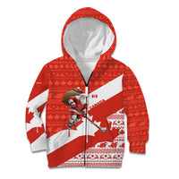 Canada Christmas Kid Hoodie with Santa Playing Hockey Maple Leaf Flag and Red White Knit Pattern Design - Wonder Print Shop