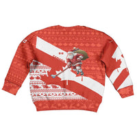 Canada Christmas Kid Ugly Christmas Sweater with Santa Playing Hockey Maple Leaf Flag and Red White Knit Pattern Design - Wonder Print Shop