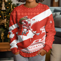 Canada Christmas Kid Ugly Christmas Sweater with Santa Playing Hockey Maple Leaf Flag and Red White Knit Pattern Design - Wonder Print Shop
