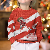Canada Christmas Kid Ugly Christmas Sweater with Santa Playing Hockey Maple Leaf Flag and Red White Knit Pattern Design - Wonder Print Shop