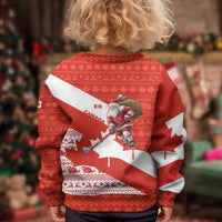 Canada Christmas Kid Ugly Christmas Sweater with Santa Playing Hockey Maple Leaf Flag and Red White Knit Pattern Design - Wonder Print Shop