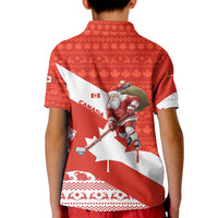 Canada Christmas Kid Polo Shirt with Santa Playing Hockey Maple Leaf Flag and Red White Knit Pattern Design - Wonder Print Shop