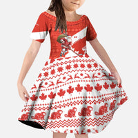 Canada Christmas Kid Short Sleeve Dress with Santa Playing Hockey Maple Leaf Flag and Red White Knit Pattern Design - Wonder Print Shop