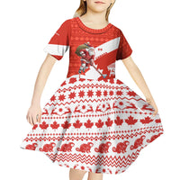 Canada Christmas Kid Short Sleeve Dress with Santa Playing Hockey Maple Leaf Flag and Red White Knit Pattern Design - Wonder Print Shop