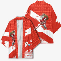 Canada Christmas Kimono with Santa Playing Hockey Maple Leaf Flag and Red White Knit Pattern Design - Wonder Print Shop