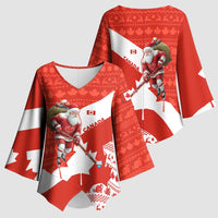 Canada Christmas Kimono Sleeve Blouse with Santa Playing Hockey Maple Leaf Flag and Red White Knit Pattern Design - Wonder Print Shop