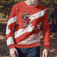 Canada Christmas Ugly Christmas Sweater with Santa Playing Hockey Maple Leaf Flag and Red White Knit Pattern Design - Wonder Print Shop