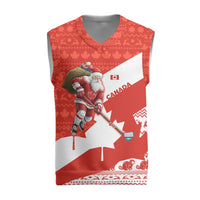 Canada Christmas Knitted V-Neck Vest with Santa Playing Hockey Maple Leaf Flag and Red White Knit Pattern Design - Wonder Print Shop