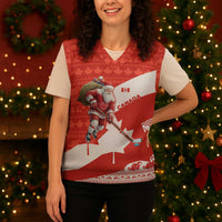 Canada Christmas Knitted V-Neck Vest with Santa Playing Hockey Maple Leaf Flag and Red White Knit Pattern Design - Wonder Print Shop