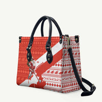 Canada Christmas Leather Bag with Santa Playing Hockey Maple Leaf Flag and Red White Knit Pattern Design - Wonder Print Shop