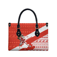 Canada Christmas Leather Bag with Santa Playing Hockey Maple Leaf Flag and Red White Knit Pattern Design - Wonder Print Shop