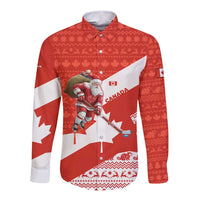 Canada Christmas Long Sleeve Button Shirt with Santa Playing Hockey Maple Leaf Flag and Red White Knit Pattern Design - Wonder Print Shop