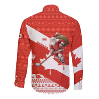 Canada Christmas Long Sleeve Button Shirt with Santa Playing Hockey Maple Leaf Flag and Red White Knit Pattern Design - Wonder Print Shop