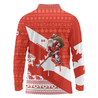 Canada Christmas Long Sleeve Polo Shirt with Santa Playing Hockey Maple Leaf Flag and Red White Knit Pattern Design - Wonder Print Shop