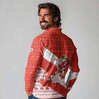 Canada Christmas Long Sleeve Polo Shirt with Santa Playing Hockey Maple Leaf Flag and Red White Knit Pattern Design - Wonder Print Shop