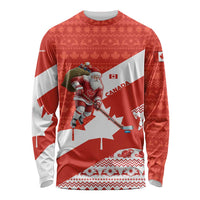 Canada Christmas Long Sleeve Shirt with Santa Playing Hockey Maple Leaf Flag and Red White Knit Pattern Design - Wonder Print Shop