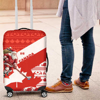 Canada Christmas Luggage Cover with Santa Playing Hockey Maple Leaf Flag and Red White Knit Pattern Design - Wonder Print Shop