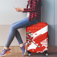 Canada Christmas Luggage Cover with Santa Playing Hockey Maple Leaf Flag and Red White Knit Pattern Design - Wonder Print Shop