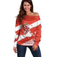 Canada Christmas Off Shoulder Sweater with Santa Playing Hockey Maple Leaf Flag and Red White Knit Pattern Design - Wonder Print Shop