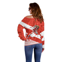 Canada Christmas Off Shoulder Sweater with Santa Playing Hockey Maple Leaf Flag and Red White Knit Pattern Design - Wonder Print Shop