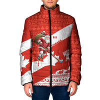 Canada Christmas Padded Jacket with Santa Playing Hockey Maple Leaf Flag and Red White Knit Pattern Design - Wonder Print Shop