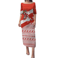 Canada Christmas Puletasi with Santa Playing Hockey Maple Leaf Flag and Red White Knit Pattern Design - Wonder Print Shop