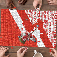 Canada Christmas Puzzle with Santa Playing Hockey Maple Leaf Flag and Red White Knit Pattern Design - Wonder Print Shop