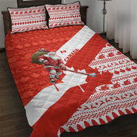 Canada Christmas Quilt Bed Set with Santa Playing Hockey Maple Leaf Flag and Red White Knit Pattern Design - Wonder Print Shop