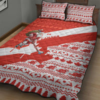 Canada Christmas Quilt Bed Set with Santa Playing Hockey Maple Leaf Flag and Red White Knit Pattern Design - Wonder Print Shop