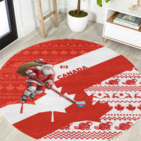 Canada Christmas Round Carpet with Santa Playing Hockey Maple Leaf Flag and Red White Knit Pattern Design - Wonder Print Shop
