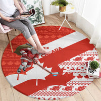 Canada Christmas Round Carpet with Santa Playing Hockey Maple Leaf Flag and Red White Knit Pattern Design - Wonder Print Shop