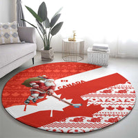 Canada Christmas Round Carpet with Santa Playing Hockey Maple Leaf Flag and Red White Knit Pattern Design - Wonder Print Shop